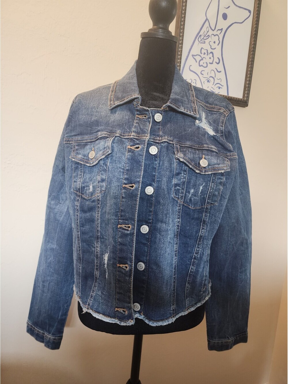 Maurices XL Denim Jacket with Distressed Detail and Frayed Hem